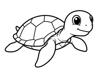 A Charming Cartoon Depiction of a Happy Sea Turtle Swimming Gracefully Through the Ocean Waters with a Friendly Smile and Big Eyes