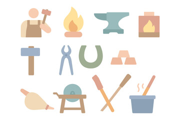 Blacksmithing elements vector illustration - flat icon set for craftsmanship design