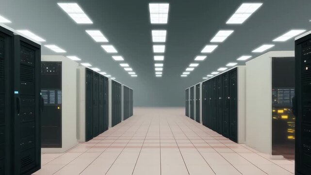 Animation moving through a modern data center corridor lined with server racks, representing cloud computing, big data, information technology, and digital infrastructure