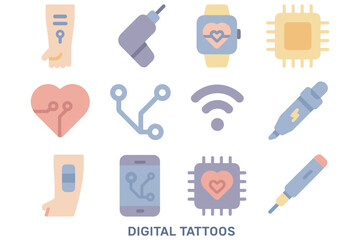 Digital tattoos vector illustration: modern technology icons for tech design in flat style