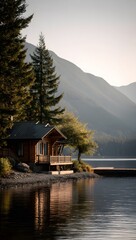Fototapeta premium A serene cabin nestled on the tranquil shore of a lake, surrounded by towering pine trees and majestic mountains in the backdrop