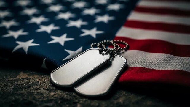 Military dog tags rest on an american flag, symbolizing service, sacrifice and patriotism, a powerful concept for memorial day, veterans day or honoring armed forces heroes
