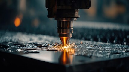 Cutting sparks reflect off smooth metal surface under dim industrial light