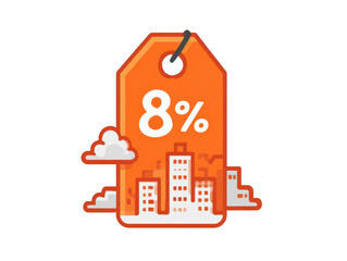 Orange discount tag with 8% off, cityscape