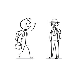 Person waving goodbye to a tour guide in simple line art style  