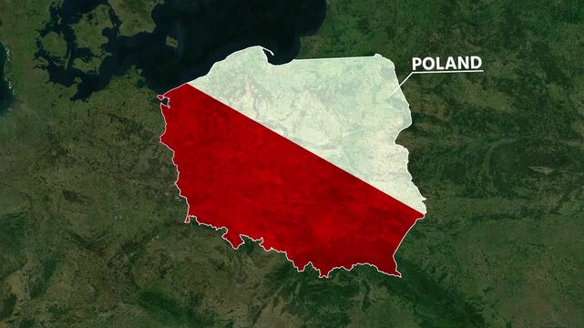 Zoom from Earth to Poland. (Country Flag) World map animation with highlighted country borders. Satellite 3d world map animation highlights aerial views, tourism, and travel. 4k