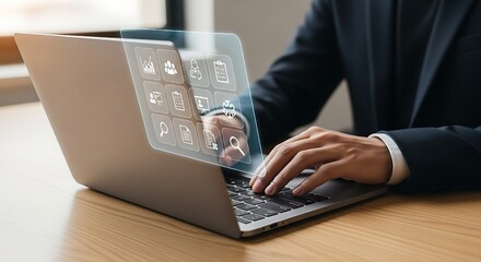 ISO certification and quality assurance, Businessman working with computer and tablet, Symbolizing compliance, Standar,holographic display projecting productivity tools and business