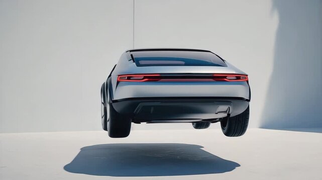 Minimalist Futuristic Flying Car Concept Hovering on Clean White Background