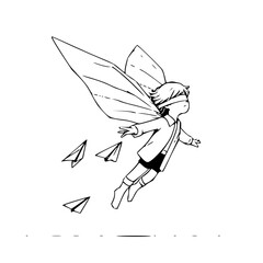 Illustration of a blindfolded child with wings flying alongside paper airplanes in black and white style