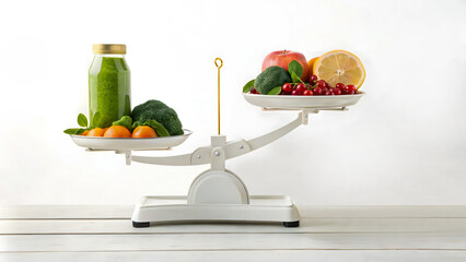 Balanced Scale with Fresh Fruits, Vegetables, and Green Smoothie on White Background,  diet balance, healthy food