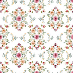 Elegant seamless watercolor pattern with hand drawn roses in pastel colors, on a white background