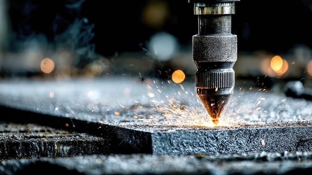 Welding torch focused on thick steel plate with bright flying embers