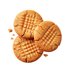 Three golden-brown cookies with a crisscross pattern, slightly broken and scattered crumbs