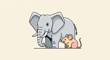 Fototapeta premium An illustration of a large gray elephant standing next to a small pink mouse on a light beige background.