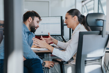 A diverse pair of colleagues engage in a thoughtful discussion in a modern office. The atmosphere is professional and collaborative, showcasing teamwork and communication in a multicultural work