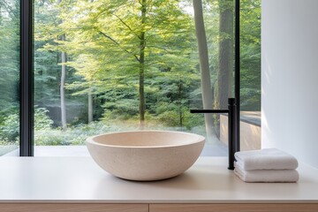 Fototapeta premium Warm and modern minimalist bathroom with luxury plumbing and design.