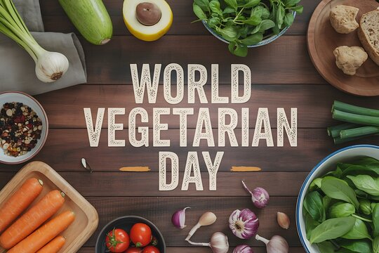 World Vegetarian Day flat lay with fresh vegetables and herbs on dark wood background, promoting healthy eating and vegetarian lifestyle concept