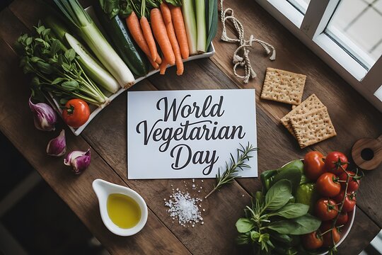 World Vegetarian Day celebration with fresh vegetables, olive oil, and crackers arranged on rustic wooden surface near a bright window - Powered by Adobe