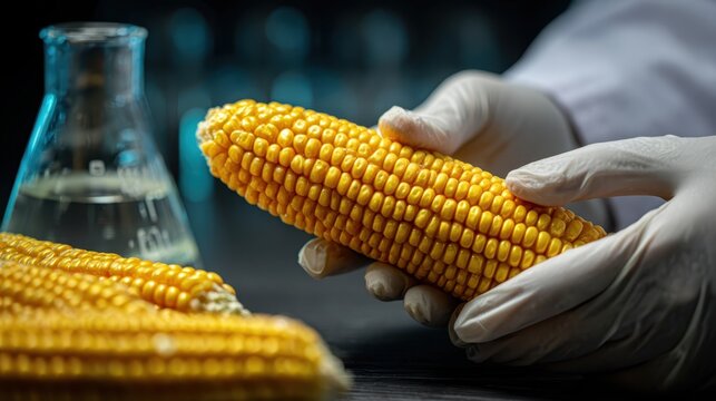 Gloved hands holding a corn cob during a genetic modification experiment in a lab, surrounded by additional corn cobs and a flask, emphasizing agricultural biotechnology