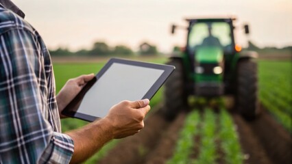 A person uses a tablet in a field, with a tractor in the background, showcasing modern agriculture technology.