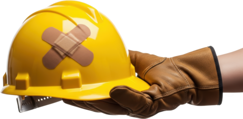 Yellow hard hat with bandages on it held by a gloved hand isolated on black transparent background