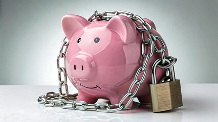Financial security and restricted access concept with piggy bank chained and locked with padlock
