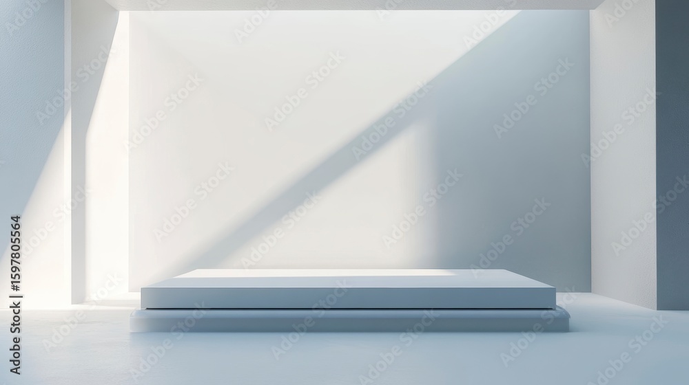 Canvas Prints minimalist white room with a platform, sunlight streaming through windows.