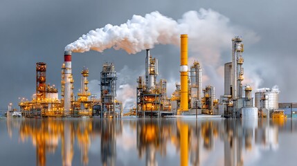 Obraz premium Industrial Factory and Oil Refinery Scene with Smokestacks