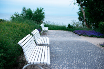 Boulevard by the sea. Benches for relaxation by the sea.