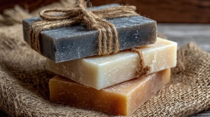 Handmade soap bars bound with rustic twine, nestled on burlap, presenting organic skincare aesthetic with artisanal crafting and natural wellness appeal