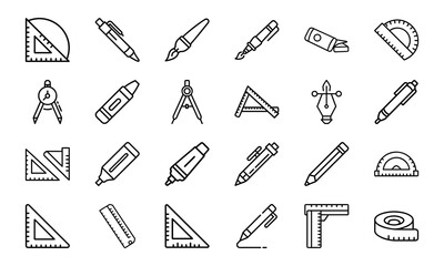 Collection of simple black and white line art school and office supply icons