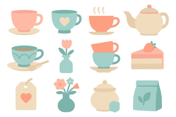 Cozy tea time vector illustration for kitchen decor in pastel flat style