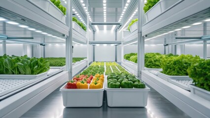 Brightly lit indoor farm showcasing rows of fresh vegetables in a modern, organized setup.