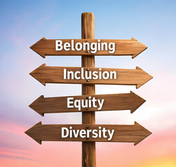 Belonging, Inclusion, Equity, Diversity Signpost against Sunset Sky

