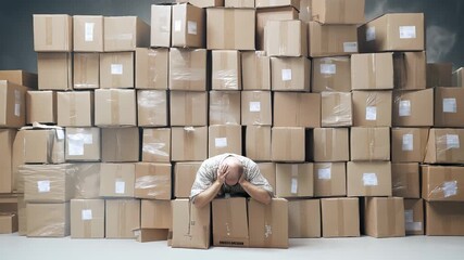 Mature man with bald head covering face, sitting exhausted among numerous cardboard boxes wrapped in plastic. Warehouse environment with stacked shipping containers - Powered by Adobe
