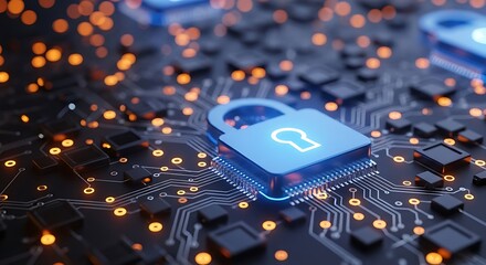 Digital security concept padlock on computer circuit board