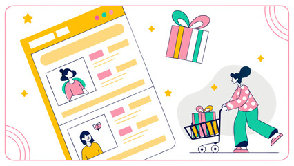 Woman shopping online with a cart full of gifts next to a website interface on a white background