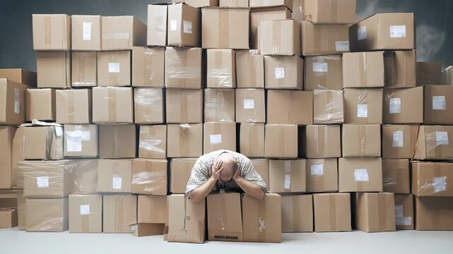 Mature man with bald head covering face, sitting exhausted among numerous cardboard boxes wrapped in plastic. Warehouse environment with stacked shipping containers
