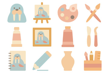 Art supplies and walrus theme flat vector illustration for creative projects