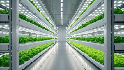 Futuristic indoor farm with vertical shelves filled with vibrant green lettuce. Bright, clean environment promotes sustainable agriculture.