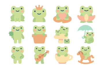 Fototapeta premium Cute frogs vector illustration set for children's designs in flat style