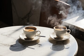 Two steaming cups of coffee sit on a marble table with sunlight creating a cozy, inviting mood.