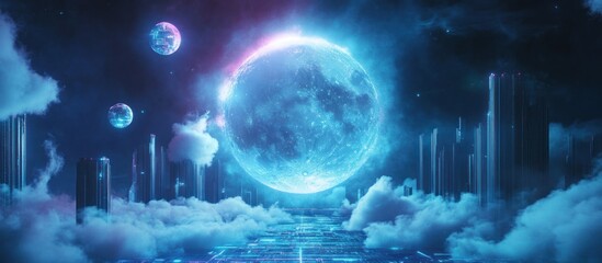 Fototapeta premium Futuristic city on clouds with a glowing moon and planets.