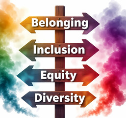 Belonging, Inclusion, Equity, Diversity Sign with Colorful Smoke Background

