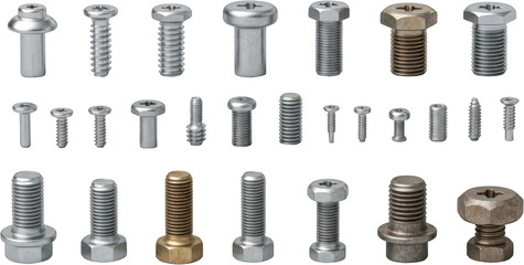 Assortment of silver and bronze metal screws and bolts with various head types and threads transparent background