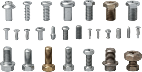 Assortment of silver and bronze metal screws and bolts with various head types and threads transparent background