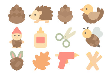 Cute autumn animals and craft tools vector illustration - flat style design for kids