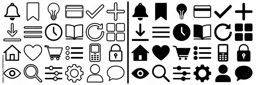 Fototapete Icon Collection: A comprehensive set of essential icons in minimalist graphic design, perfect for user interfaces and digital applications, clearly organized and easy to implement.
