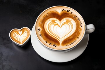 Heart-shaped latte art adorns two cups, exuding warmth and inviting cozy coffee break moments.