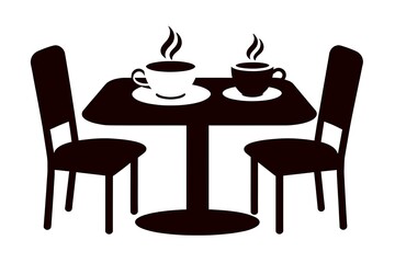Illustration shows two coffee cups on a table with chairs in a minimalist, modern style.